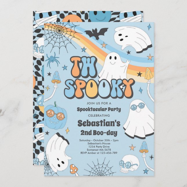 Invitation Deux Halloween Éffrayant Fantôme Super 2e annivers (Devant / Derrière)