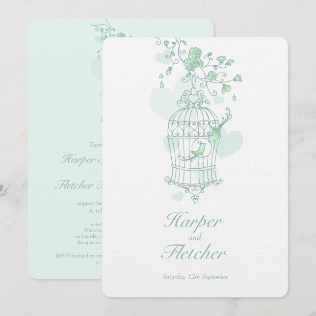 Invitation Deux inséparables ouvert volière mariage vert (Devant / Derrière)