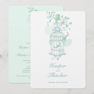 Invitation Deux inséparables ouvert volière mariage vert
