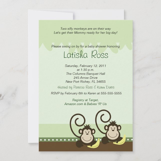 Invitation Deux jumeaux Silly Monkeys Boys Baby shower 5x7 (Devant)