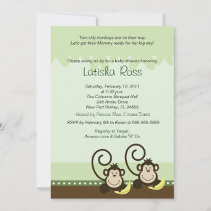 Invitation Deux jumeaux Silly Monkeys Boys Baby shower 5x7