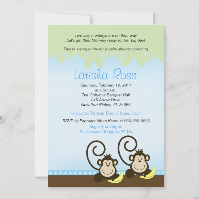 Invitation Deux jumeaux Silly Monkeys Boys Baby shower 5x7 (Devant)