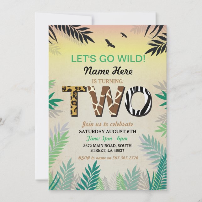 Invitation Deux Jungle 2e anniversaire de fête Safari ZOO Inv (Devant)