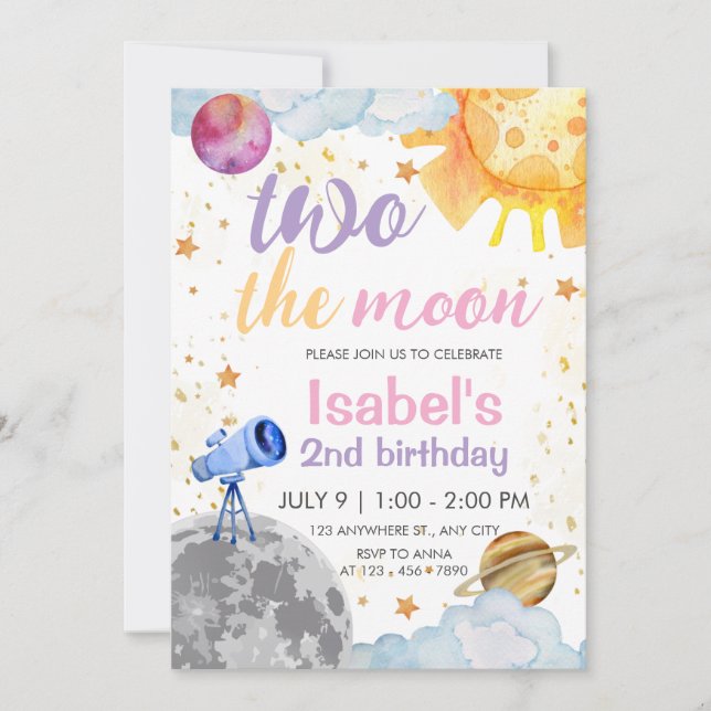 Invitation Deux la Lune 2e Anniversaire Thème de l'espace Ann (Devant)