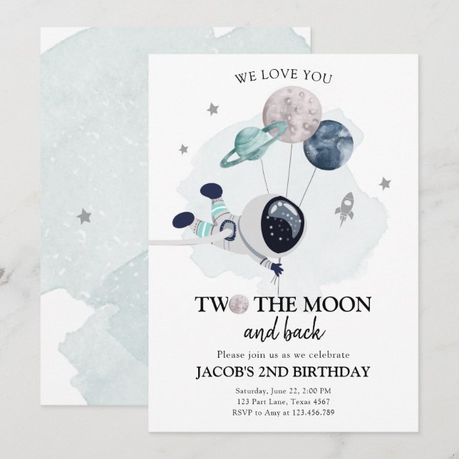 Invitation Deux La Lune Astronaut Space Boy 2e anniversaire (Devant / Derrière)