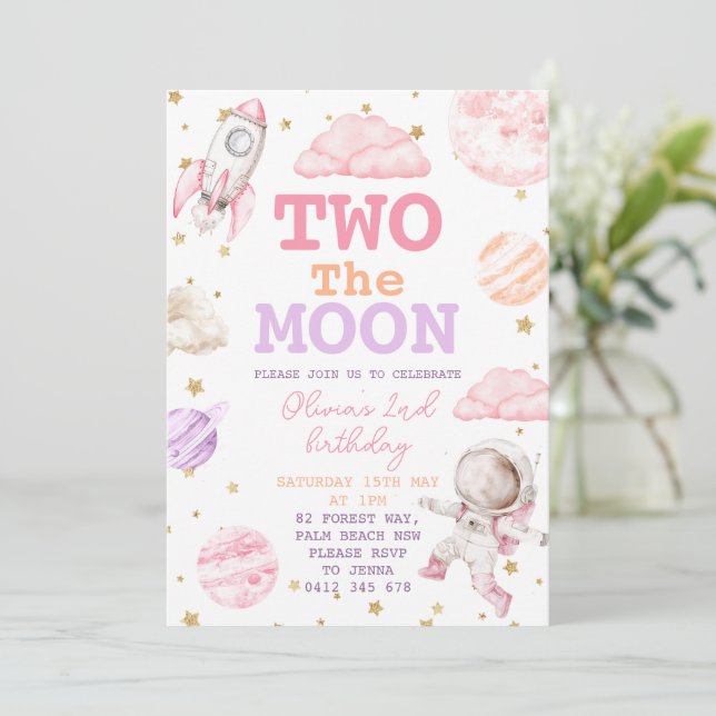 Invitation Deux la Lune Girl Space 2e anniversaire (Debout devant)