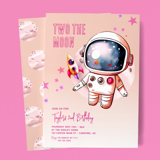 Invitation Deux La Lune Peach Pink 2e Anniversaire (Créateur téléchargé)