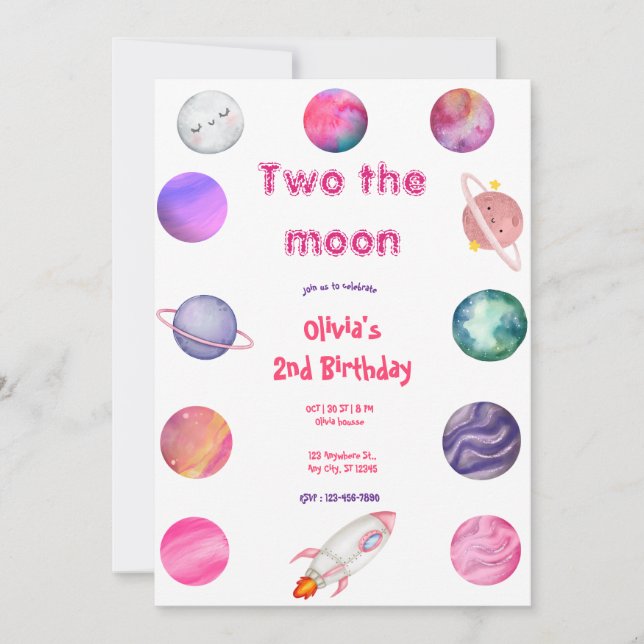 Invitation Deux la lune rose fille 2e anniversaire (Devant)