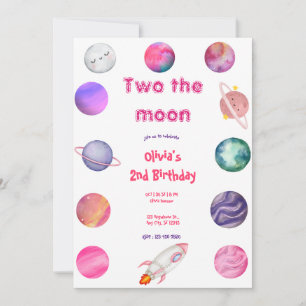 Invitation Deux la lune rose fille 2e anniversaire