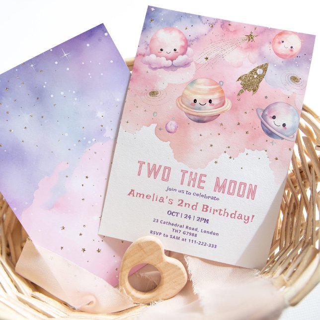 Invitation Deux la lune rose fille Planètes et étoiles annive (Créateur téléchargé)