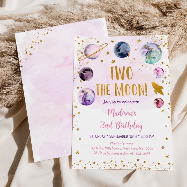 Invitation Deux La Lune Rose Gold Girl Space Anniversaire (Créateur téléchargé)