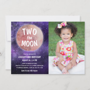 Invitation Deux la lune violet rose fille 2e anniversaire Pho