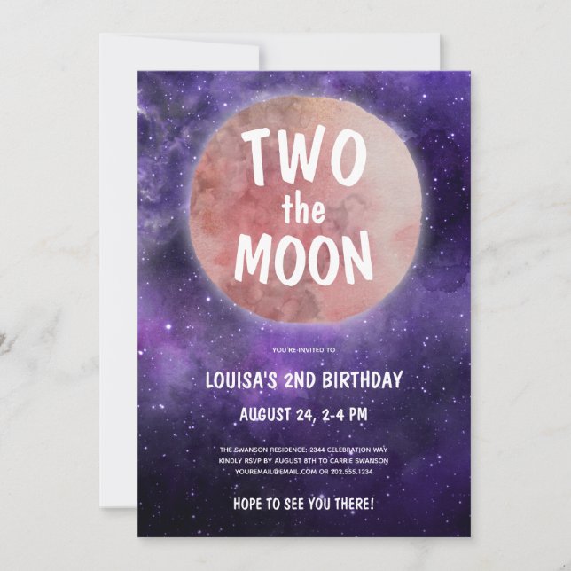 Invitation Deux la lune violet rose fille 2e fête d'anniversa (Devant)