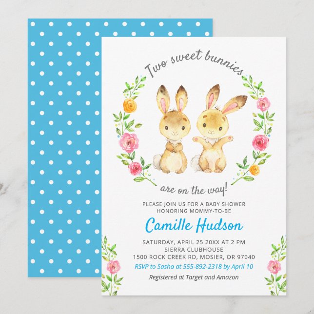 Invitation Deux Lapins Sucrés Sur Le Chemin Baby shower Twin  (Devant / Derrière)