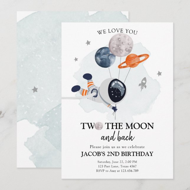 Invitation Deux L'astronaute de la lune Space Boy 2e Annivers (Devant / Derrière)