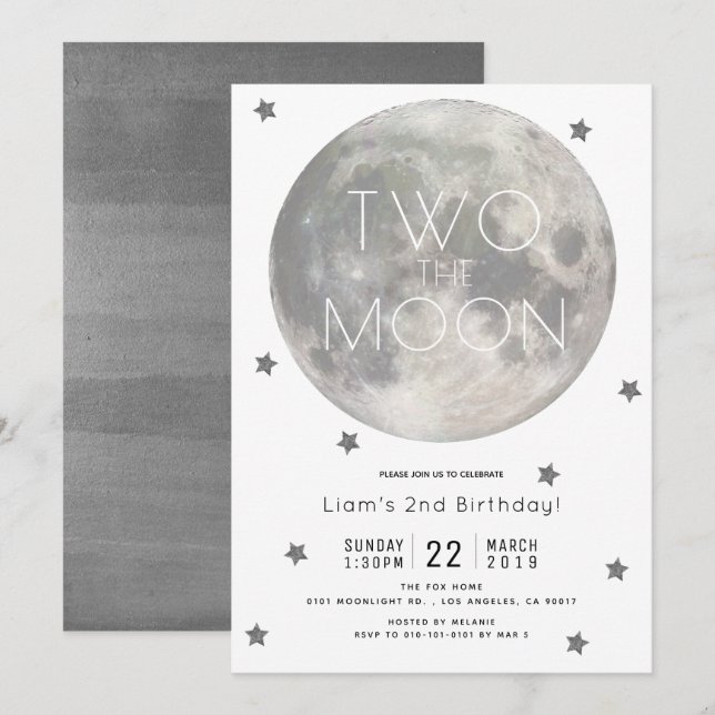 Invitation Deux Lune Blanc Argent Boy 2e anniversaire (Devant / Derrière)