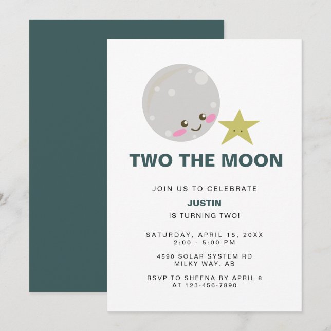 Invitation Deux lune Kawaii 2e anniversaire Space Galaxy mign (Devant / Derrière)