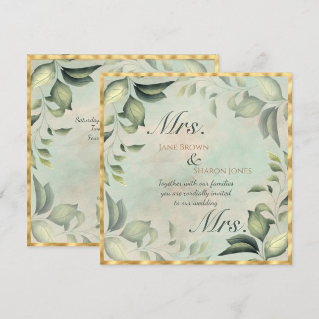 Invitation Deux Mariées Mariage Lesbien Aquarelle Verdure (Devant / Derrière)