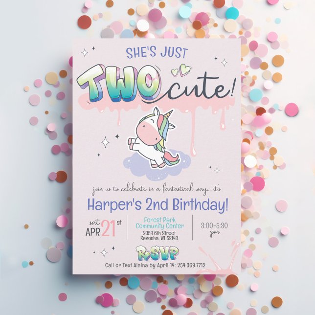Invitation Deux mignonnes Unicorn Rainbow Rose Girl 2e annive (TWO cute girly kawaii unicorn rainbow pink purple graffiti magic girl birthday invitation)