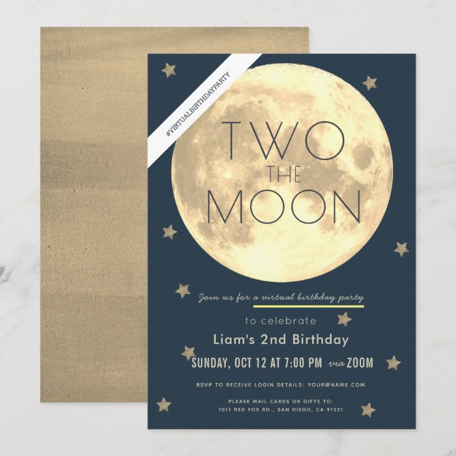 Invitation Deux Moon Navy Blue Boy Virtual 2e anniversaire (Devant / Derrière)