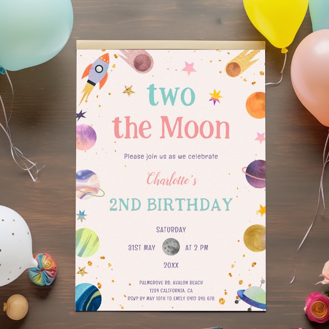 Invitation Deux Moon Pastel Outerspace 2e anniversaire (Two the Moon Pastel Outerspace Space 2nd Birthday Invitation)