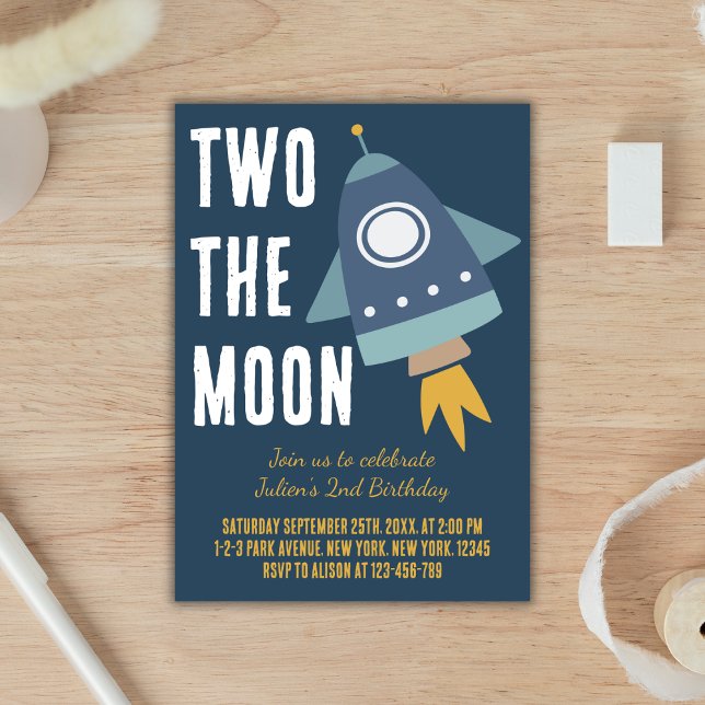Invitation Deux Moon Space Rocket 2e fête d'anniversaire (Two the moon Space Rocket 2nd birthday party invitation)