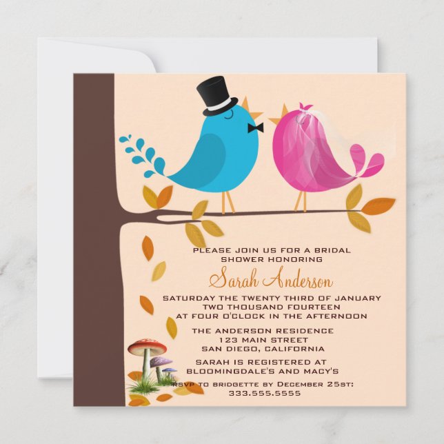 Invitation Deux oiseaux sur la branche| Fête de l'mariée d'au (Devant)