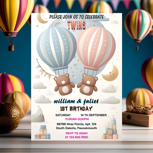 Invitation Deux ours communs Hot Air Balloon Twins 1er annive (Créateur téléchargé)