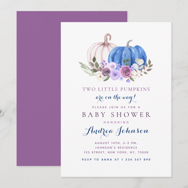 Invitation Deux Petites Citrouilles Twin Boy Girl Baby shower (Devant / Derrière)