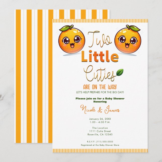 Invitation Deux petites cuties Orange Twins Baby shower (Devant / Derrière)