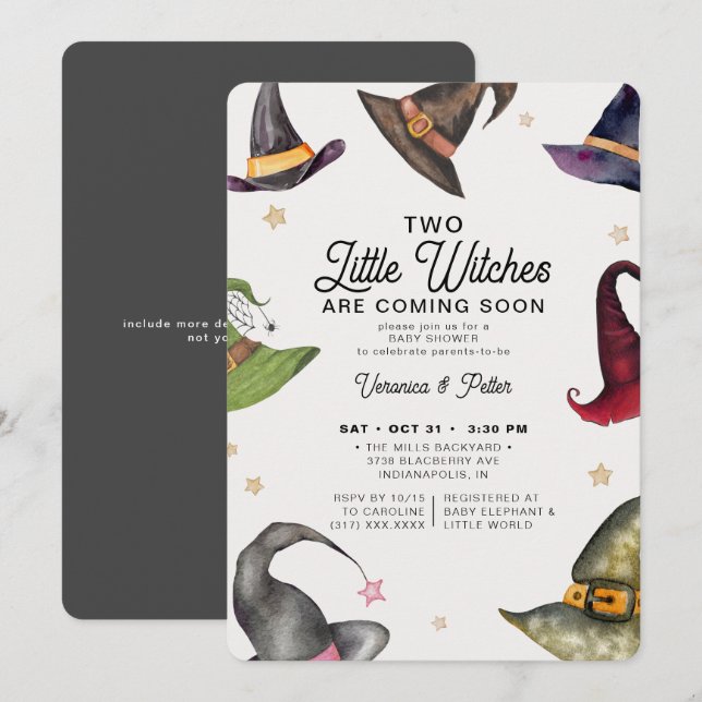 Invitation Deux Petites Sorcières Baby shower d'Halloween Twi (Devant / Derrière)