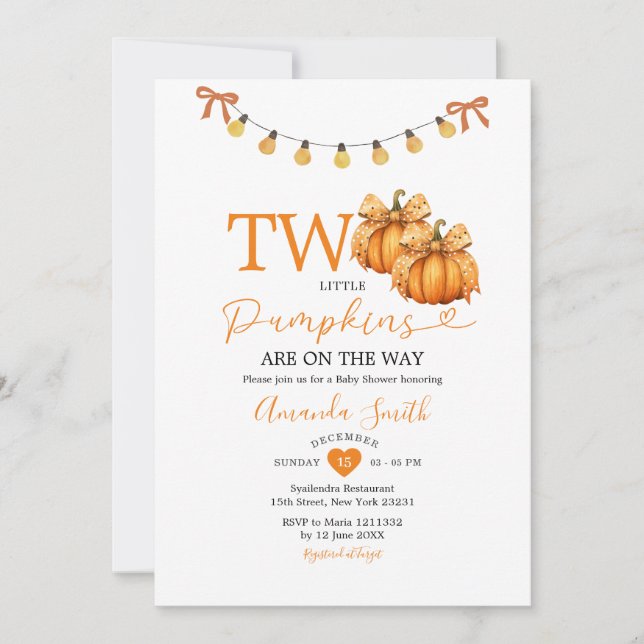 Invitation Deux petits Baby showers à cordes Citrouilles (Devant)