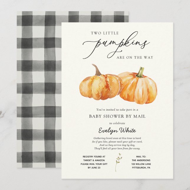 Invitation Deux petits Baby showers jumeaux Citrouille par co (Devant / Derrière)