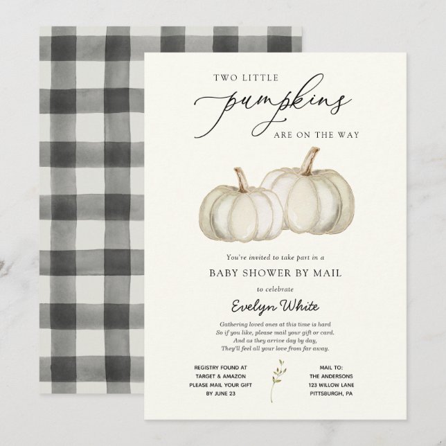Invitation Deux petits Baby showers jumeaux Citrouille par Ma (Devant / Derrière)