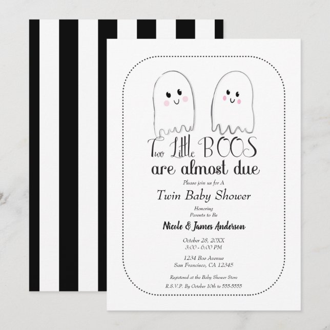 Invitation Deux petits boos jumeaux fantômes Baby shower d'Ha (Devant / Derrière)