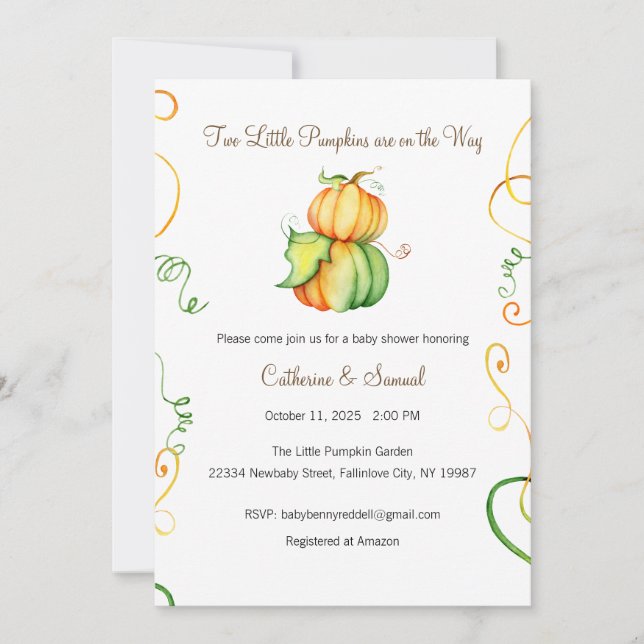Invitation Deux petits Citrouilles sont en route, bébé (Devant)