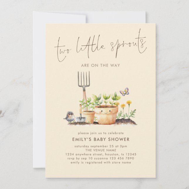 Invitation Deux Petits Fruits Jumeaux Jardin Baby shower beig (Devant)