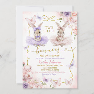 Invitation Deux Petits Lapins Jumeaux Floral Fille Baby Showe