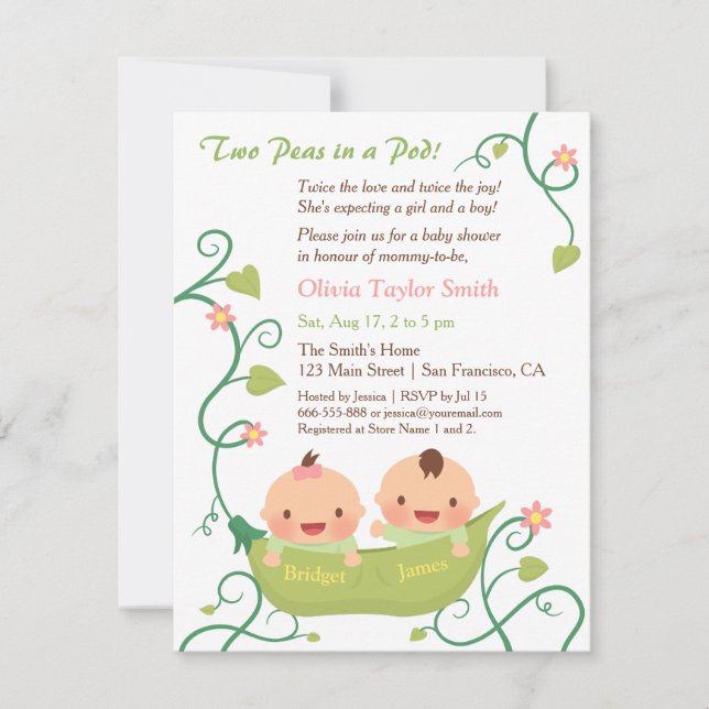 Invitation Deux petits pois dans un Baby shower jumeau avec d (Devant)