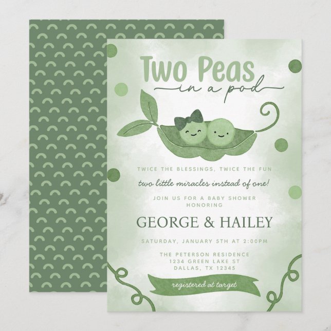 Invitation Deux petits pois dans un Baby shower jumeau Pod (Devant / Derrière)