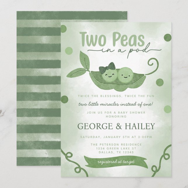 Invitation Deux petits pois dans un Baby shower jumeau Pod (Devant / Derrière)