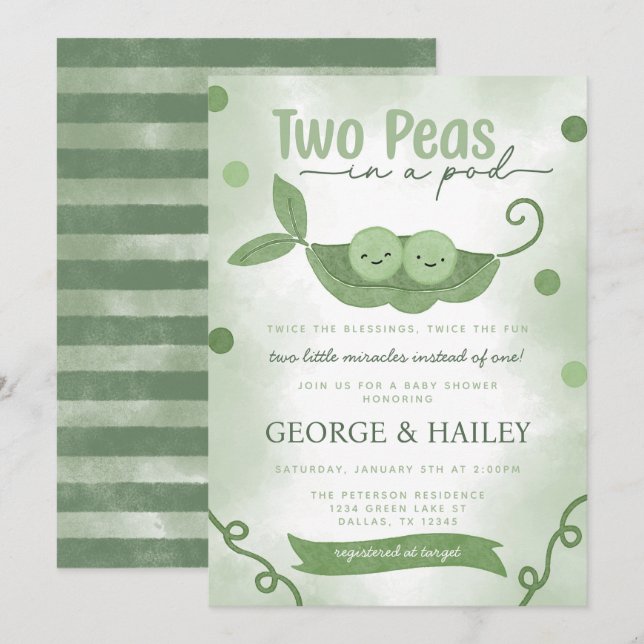 Invitation Deux petits pois dans un Baby shower pour garçons  (Devant / Derrière)