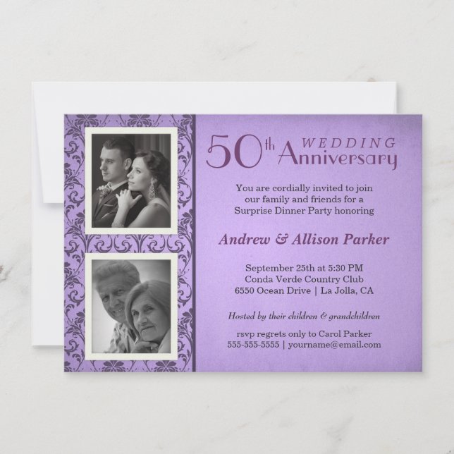 Invitation Deux Photos d'Anniversaire en Damassé V (Devant)