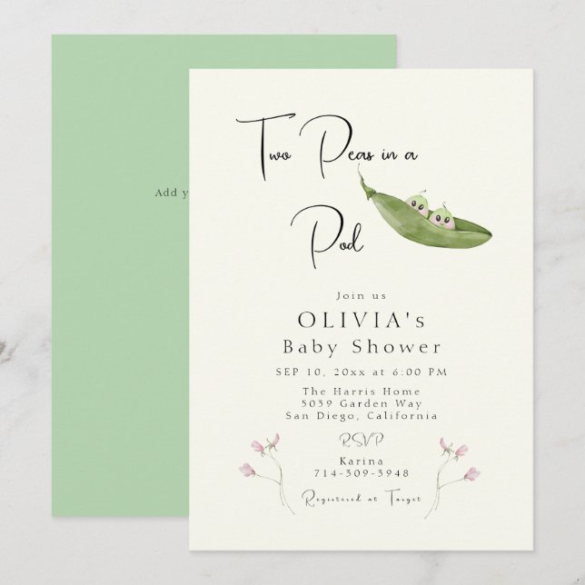 Invitation Deux pois dans un Baby shower de fille de pod (Devant / Derrière)