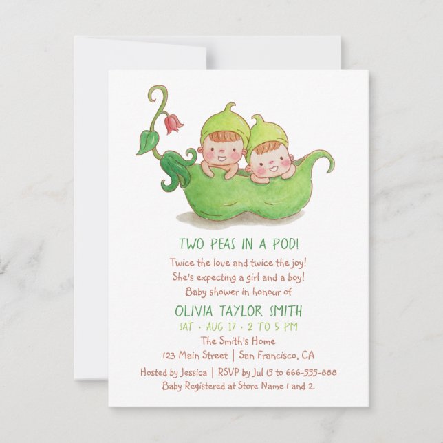 Invitation Deux pois dans une aquarelle de baby shower de (Devant)