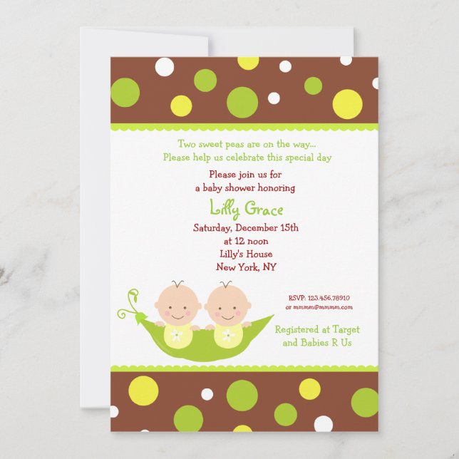 Invitation Deux Pois Dans Une Pod Twins Baby Shower Invitatio (Devant)