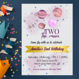 Invitation Deux pour la Lune 2e anniversaire Fille Lune Étoil