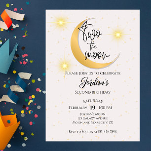 Invitation Deux pour la Lune Élégant Anniversaire 2 ans Genre