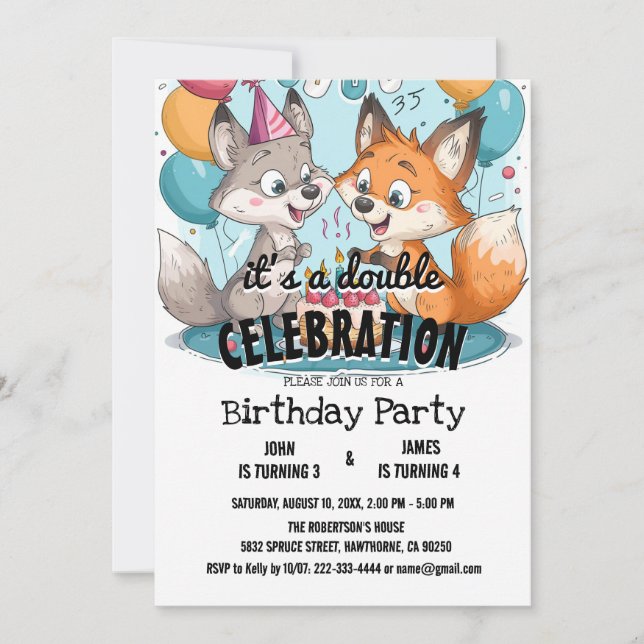 Invitation Deux renards et ballons Double fête d'anniversaire (Devant)