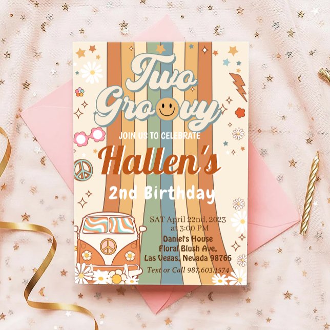 Invitation Deux Retro Super Boho Daisy Rainbow 2e anniversair (Créateur téléchargé)